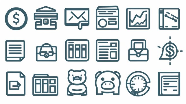 A collection of sixteen blue finance and banking icons represent business concepts