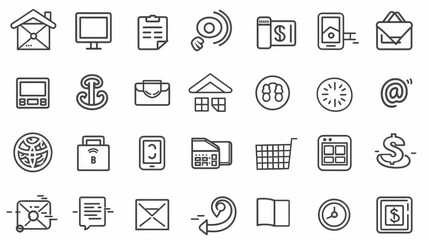 A variety of line icons for web or app design, depicted in a simple, monochrome style