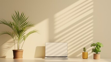 Fototapeta premium Minimalist workspace with a laptop and potted plants on a sunlit desk. Modern home office decor for design and print.