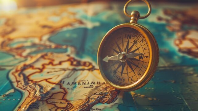 A vintage-style compass lies on a detailed world map, symbolizing exploration and travel