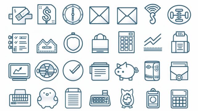 A collection of blue outline vector icons representing various business and office concepts