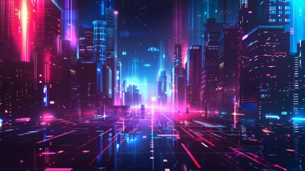 Naklejka premium A vibrant digital artwork featuring a neon-lit futuristic city, representing concepts of future urban development and cyberpunk aesthetic