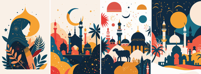 Fototapeta premium Set of religious islamic Eid celebration illustrations. Set of banners for islamic religion