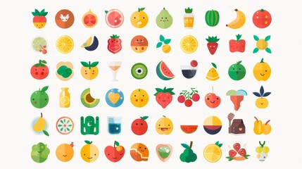 A vibrant set of various fruit and drink icons presented in a flat design style, ideal for educational and culinary themes
