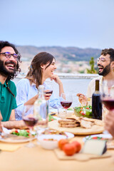 Vertical. Millennial happy people laughing sitting at food table with red wine enjoying sunny time together on rooftop. Group of young joyful friends celebrating barbecue meeting summer party outdoor