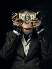 Monkey closes his eyes, concept of three wise monkeys