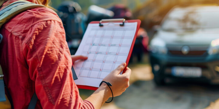 A close-up of a person holding a road trip checklist