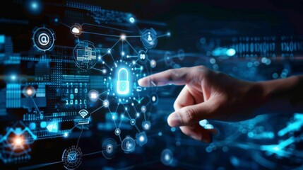 A person's finger reaching towards a digital padlock symbolizing cybersecurity and data protection