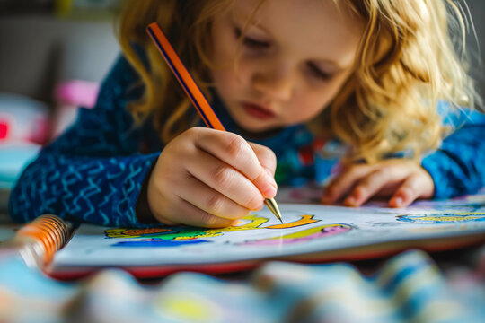 A young child drawing their favorite book character.