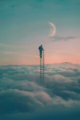 Obraz premium A man standing on a ladder in the clouds and looking at the moon.