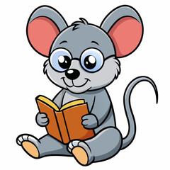 Adorable cubby dairy mouse with glasses, sitting and read the book, whole body view, cute smiling face