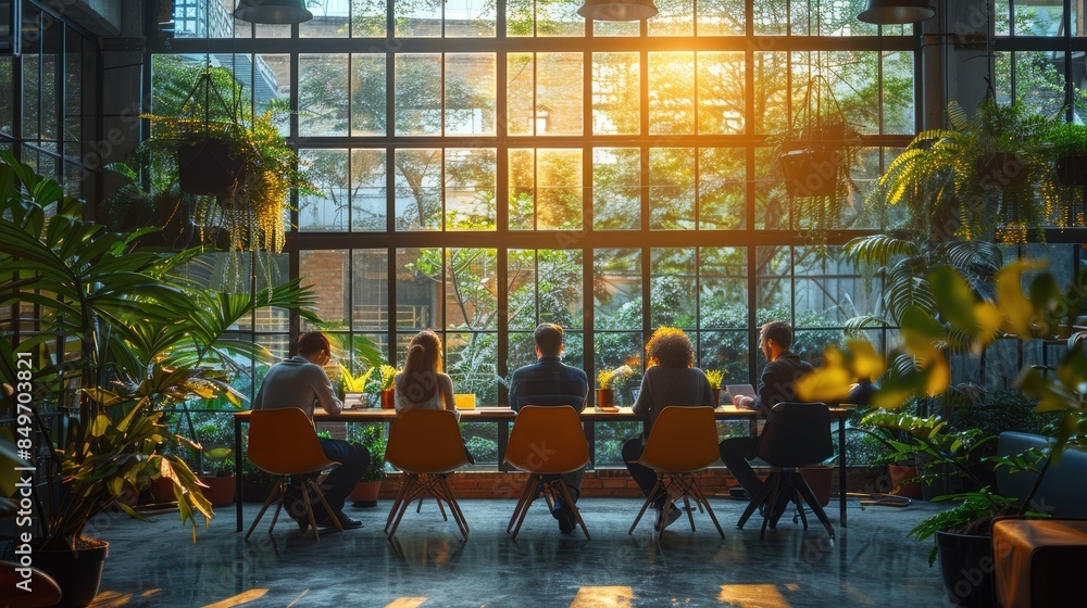 Poster the image shows a group of people sitting at a table in a bright room. there are plants in the backg