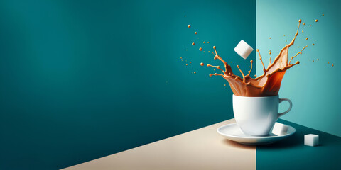  a white coffee cup on a saucer, filled with coffee. A dynamic splash