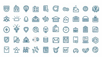 An array of linear, blue-toned icons depicting various everyday and professional objects and concepts