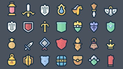 A collection of colorful fantasy game icons showcasing various magical and adventure symbols