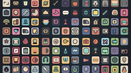 A colorful collection of flat design icons representing consumer technology and applications
