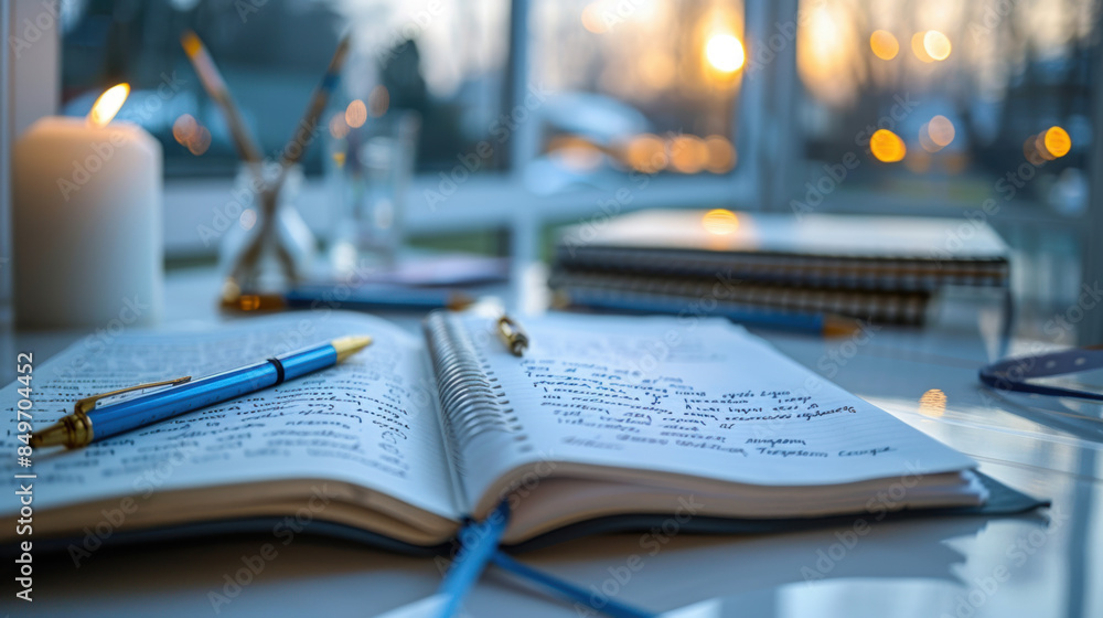 Poster a candle is lit on a table next to a notebook