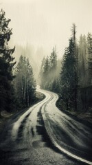 Fototapeta premium Mountain road in foggy forest. Retro stylized photo.