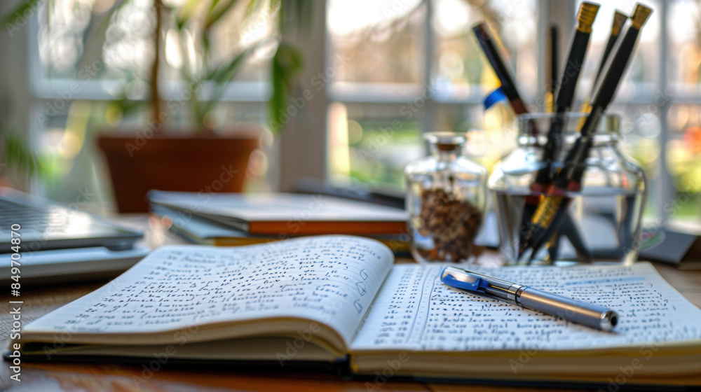 Poster a notebook is open on a table with a pen and a vase of pencils
