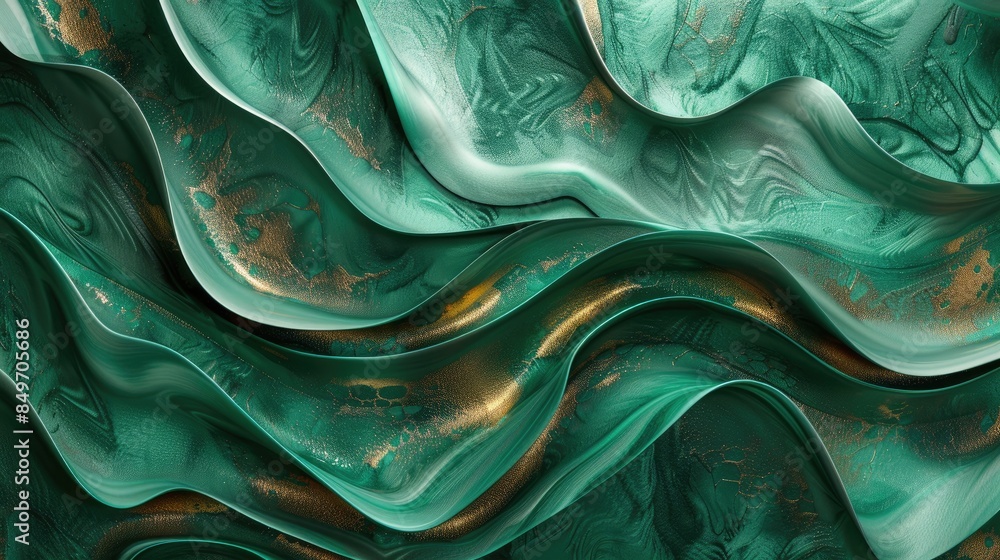 Poster abstract art background with fluid texture paint in modern style green waves blending with bronze in