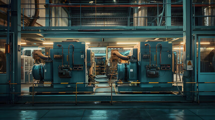 Industrial generator room with two large blue generators for power backup in factory, heavy machinery for electrical systems and engineering, industrial power plant interior