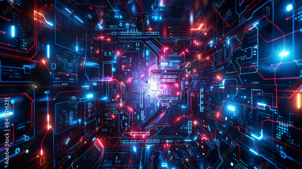 Wall mural an advanced circuit design with flashing red and blue lights suggesting speed and high technology