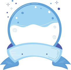 Blue snow globe banner winter holiday decoration isolated white background. Blank ribbon space text snowflakes festive season. Snowglobe empty label wintry theme celebration invitation design