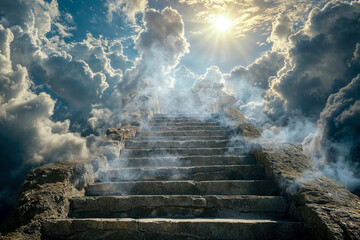Fototapeta premium Stairs leading up to heaven from heaven, cloudy and sunny skies, biblical grandeur.