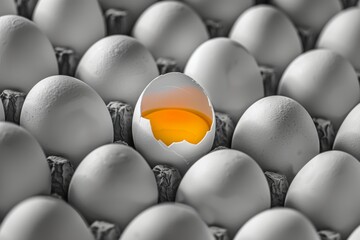 One cracked egg with a visible yolk among intact white eggs. Single Broken Egg Among White Eggs