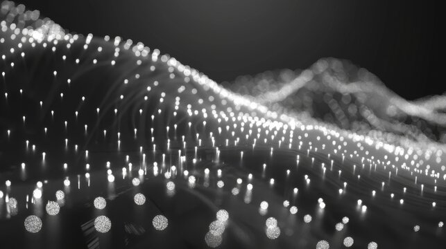 A monochrome digital landscape shows a wave of shining network particles, symbolizing data flow