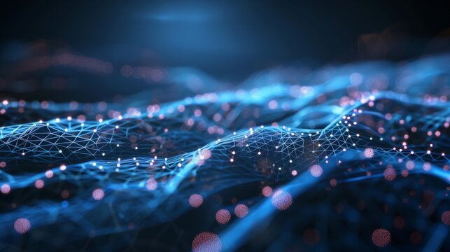 This striking image displays a complex digital network with blue connections and illuminated nodes