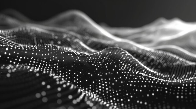 An abstract image featuring a monochrome digital landscape of undulating waves formed by particles