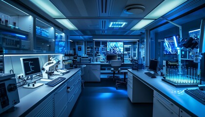 Modern laboratories equipped with advanced equipment such as electron microscopes, test tubes and super computers for research into new drugs