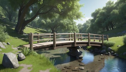 Obraz premium peaceful countryside landscape with wooden bruídge