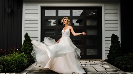 Fototapeta premium Elegant bride in a flowing white wedding dress twirling outdoors in front of a modern house.
