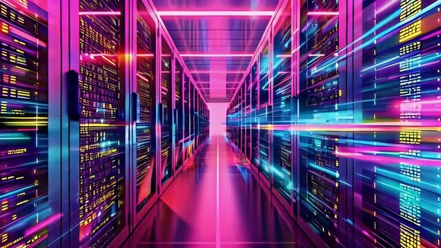 Server room data center. Futuristic technology modern storage and networking. Interior datacenter with hardware. Cyberspace web service.