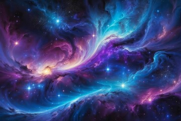 Cosmic background swirling in deep purples, blues, blacks and twinkling stars.