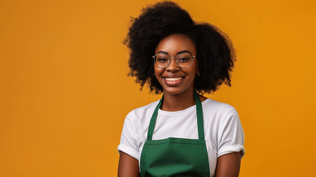 smiling black female barista in green apron and glasses, wearing white t-shirt against yellow background with copy space area. black woman business success