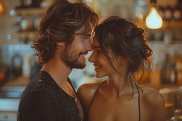 Naklejka premium A couple looking at each other with affection while cooking together. Concept of shared tasks and intimacy. Generative Ai.