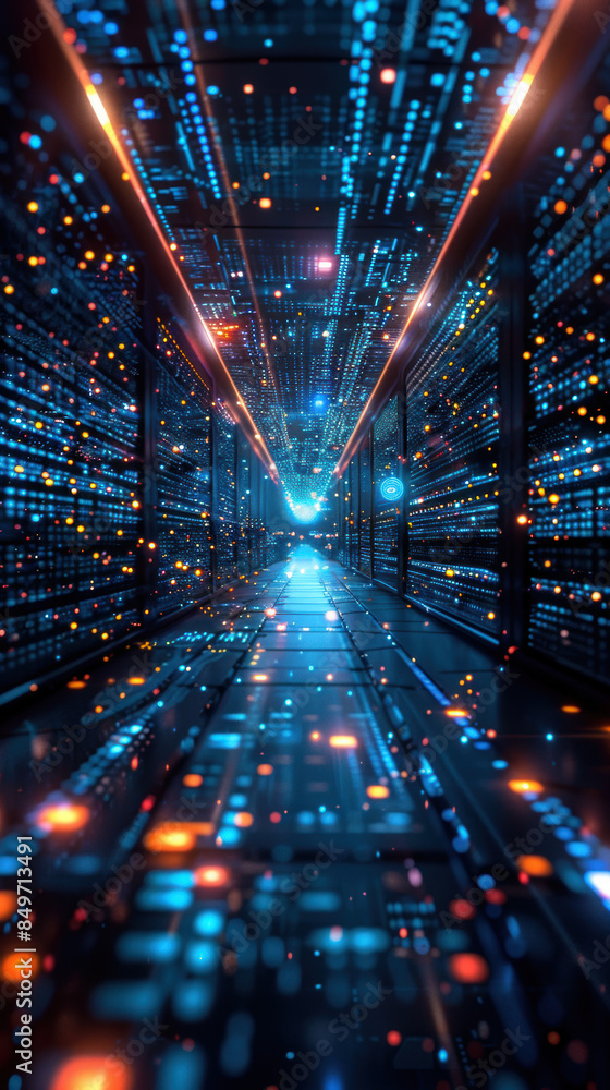 Poster a computer generated image of a futuristic tunnel with a blue and orange glow