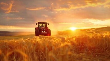 Fototapeta premium modern farming scene with a farmer driving a high-tech tractor in a large, efficiently managed field The tractor is equipped with advanced agricultural tools, showcasing the innovation. 