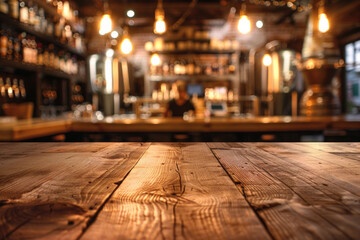 A wooden bar top in the foreground with a blurred background of a brewery tasting room. The background includes large brewing tanks, shelves with various craft beers.