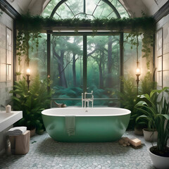 Cuarto de ba&ntilde;o blanco minimalista, ba&ntilde;era y plantas estilo natural