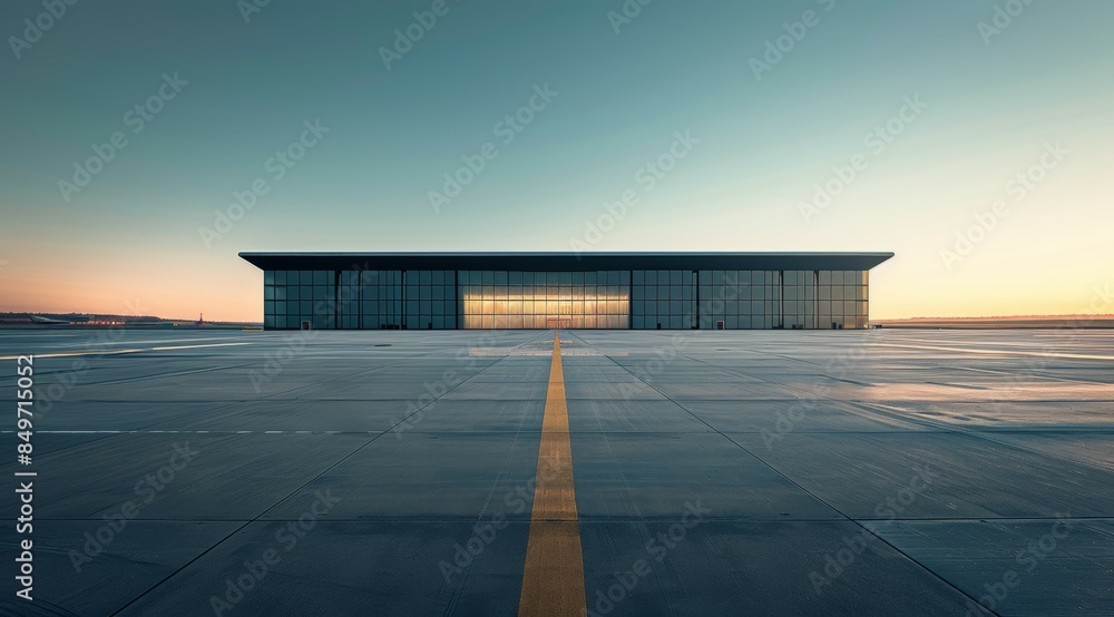 Poster a large building with a lot of windows and a yellow line on the ground, modern terminal hangars, war