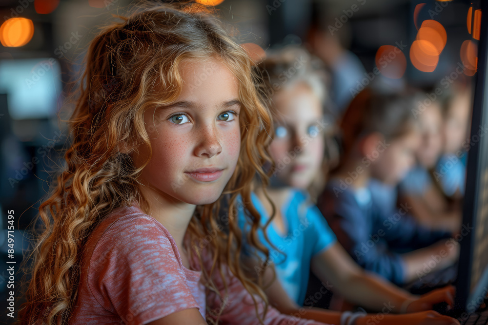 Poster children learning to code in a computer science class. concept of education and future skills. gener