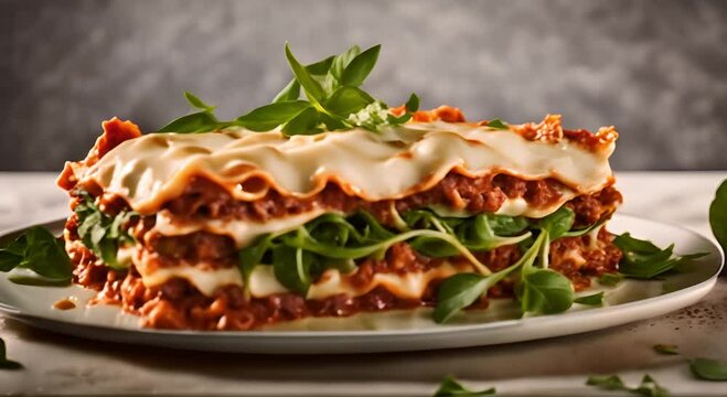 Lasagna with minced beef bolognese and bechamel sauce topped with fresh basil leaves on a white plate