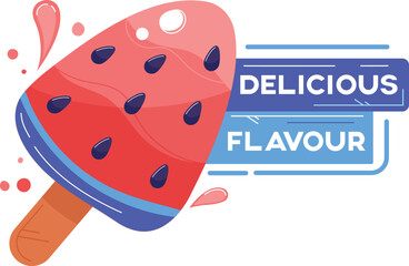 Watermelon popsicle vector illustration. Delicious flavour text banner. Bright food graphic isolated white background