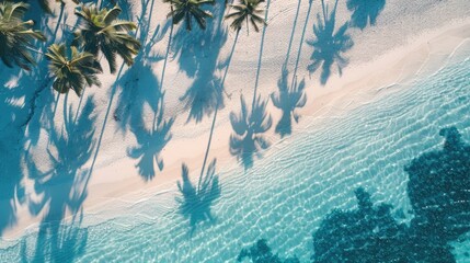 Clear blue sea and palm trees casting shadows on a beach seen from above