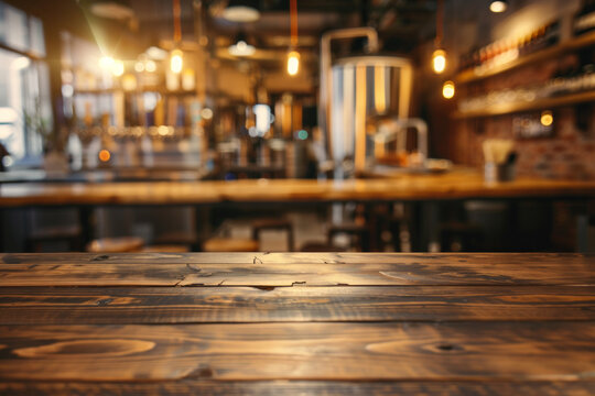A wooden bar top in the foreground with a blurred background of a brewery tasting room. The background includes large brewing tanks, shelves with various craft beers.