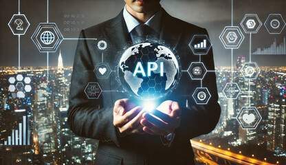 API: Businessman holds global business globe with network connected to API Integration, Data Exchange, Seamless Connectivity.